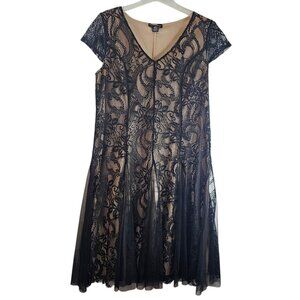 Cardalite Women's Dress Black Tan Lace V-Neck Short Sleeve Size 2X Boho Fairy